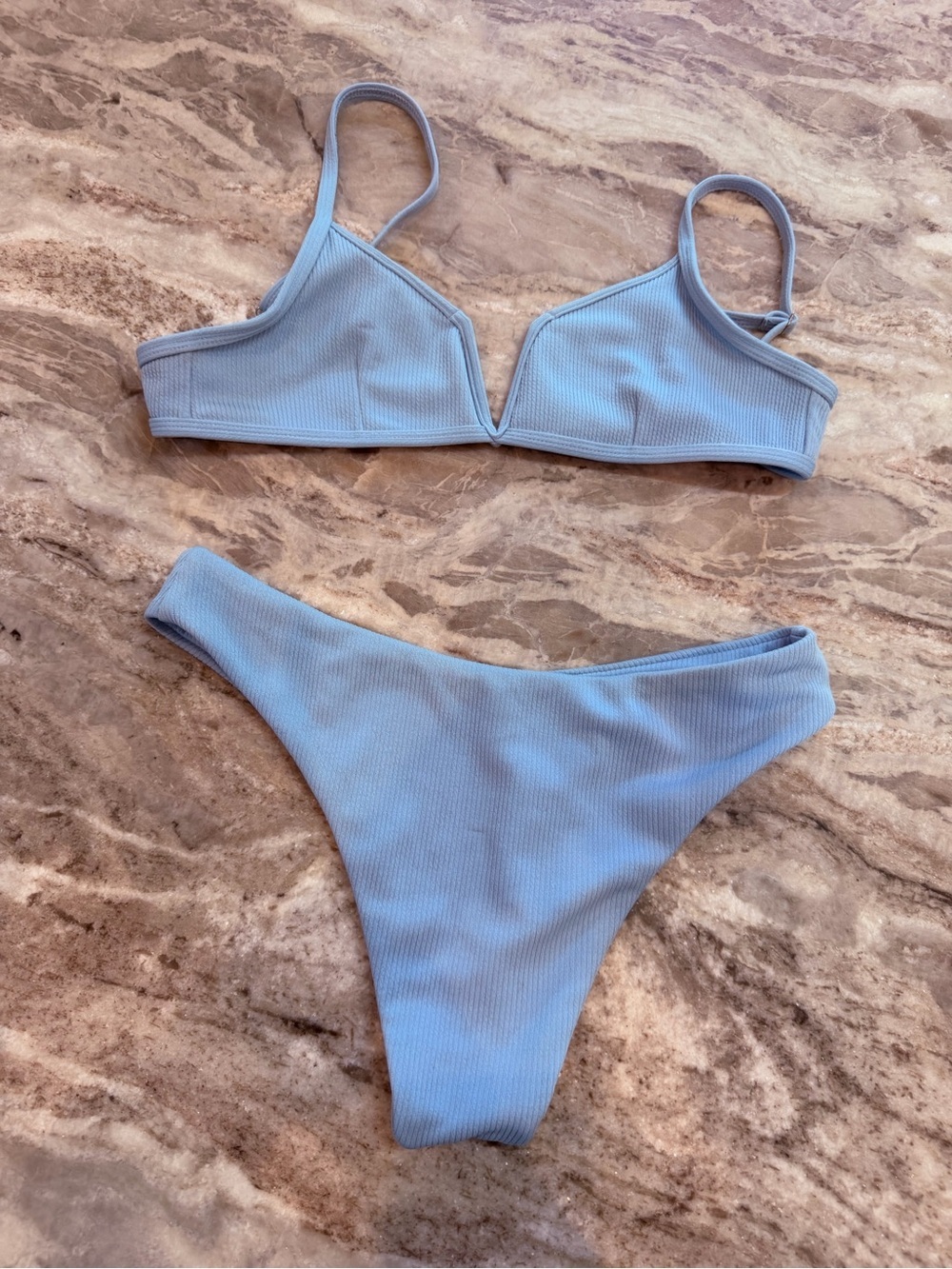 Zaful Blue Ribbed Bikini Set High Cut V Wire Swimsuit Medium